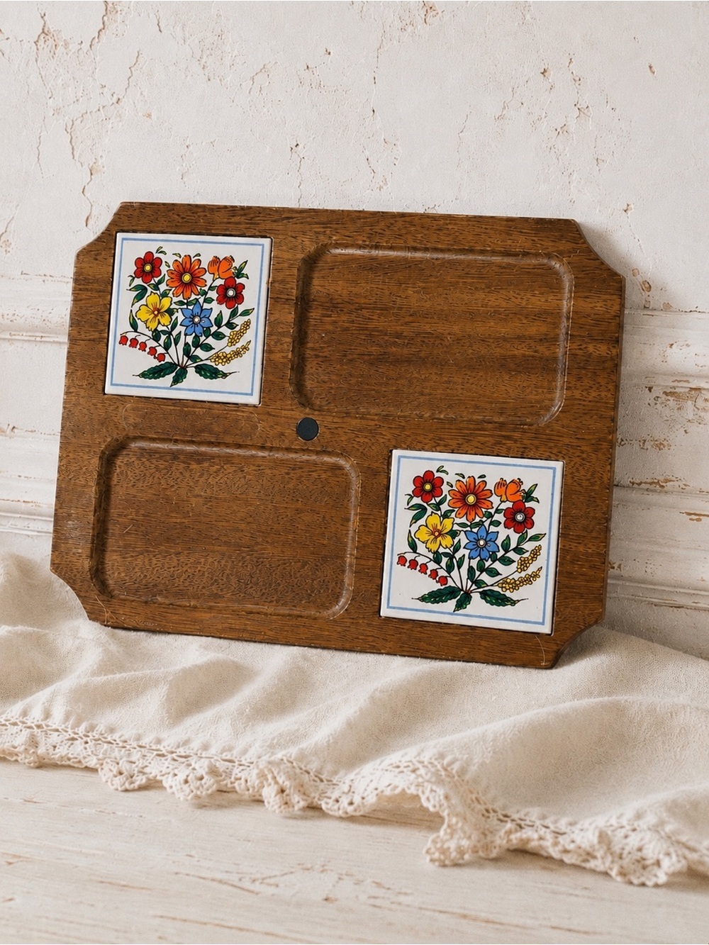 Vintage Japan Wooden Serving Tray Cheese Board Cutting Board Floral Tile 11”